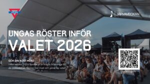 Ungas röster inför valet 2026. En bild från Järvaveckan 2024 med information om att KFUM kommer att närvara samt en QR-kod med möjlighet att ställa frågor till de politiska partierna. 